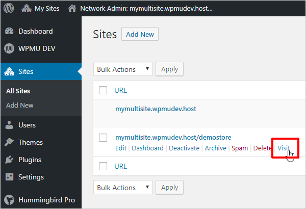 WPMU sites screen with visit link highlighted