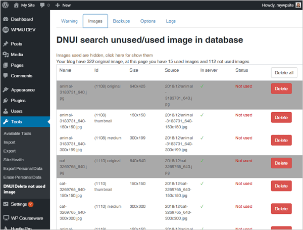 DNUI search unused/used image in database screen