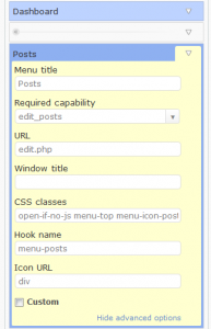 screenshot of admin menu editor