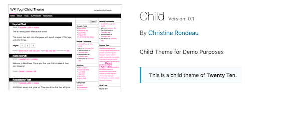 A look at the twenty ten child theme: yogi