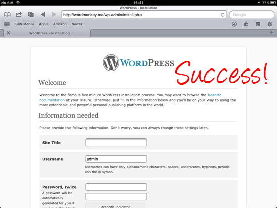 wordpress installation page