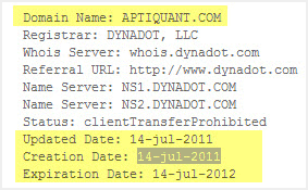 whois lookup showing domain registered on 12th July