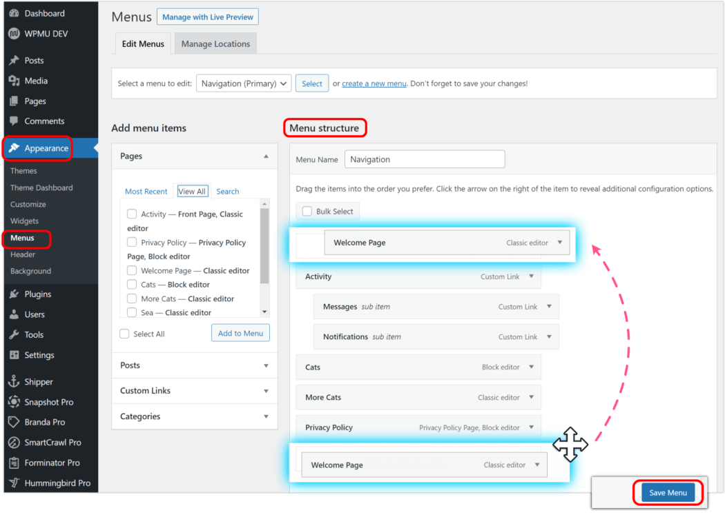 Page order through Appearance Menu settings