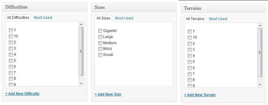 Information Architecture - Screen shot of multiple custom taxonomies on an edit page