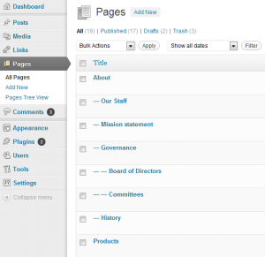 Page Order-Screenshot of WordPress pages list