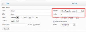 Page Order-Screenshot of WordPress page listing in Quick Edit mode