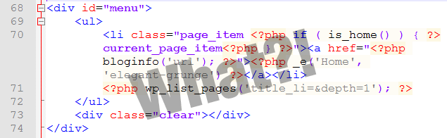 WordPress Menus-Screenshot of template code for adding old-style navigation menus