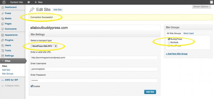 Screenshot showing the Push Syndication Add A Site screen