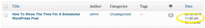 Screen grab of a row from the post listing page with the new scheduled time highlighted