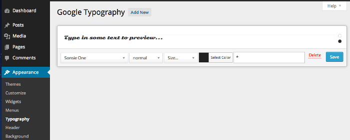Screenshot of the Google Typography plugin settings page