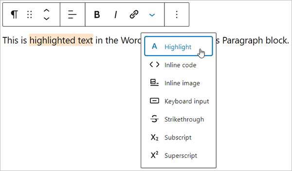 Highlighted text in the WordPress Block Editor's Paragraph block.