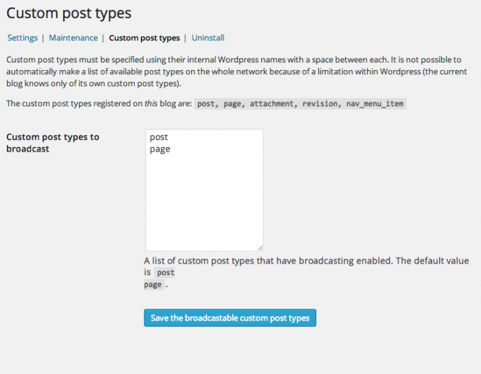 Settings screen that allows post types to be selected for broadcasting