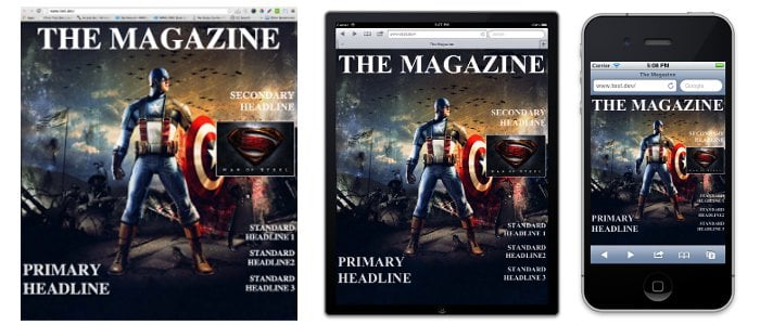 Screenshots of the magazine cover on a desktop, iPad and iPhone