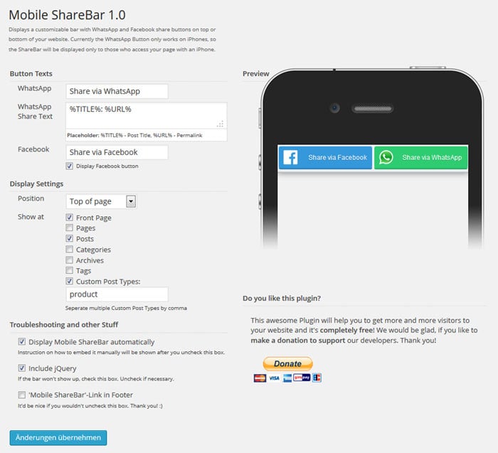 Mobile sharebar settings for whatsapp