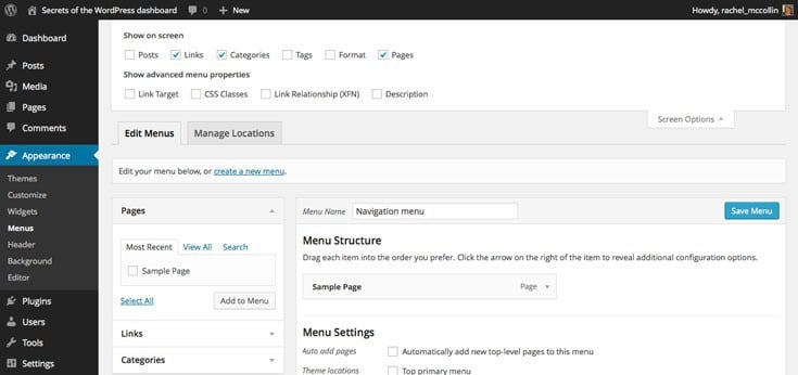 WordPress adding content types to navigation menus using screen options