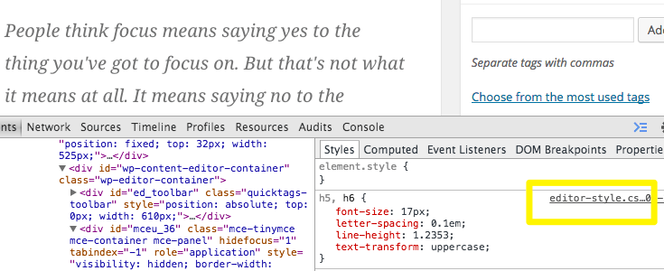 WordPress post editor default CSS styles