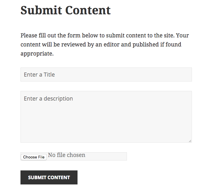 The submit content form, please forgive the formatting of the file field, it is an issue with Twenty Fifteen