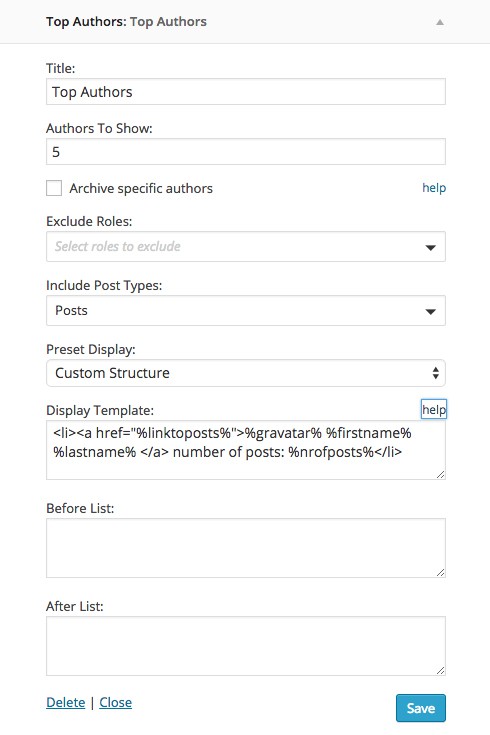 The Top Authors widget settings.