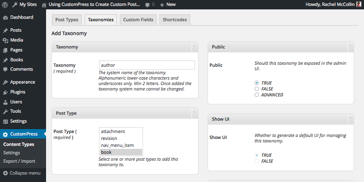 Adding a custom taxonomy - part 1 of screen