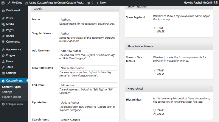 CustomPress add taxonomy screen - section section of screen