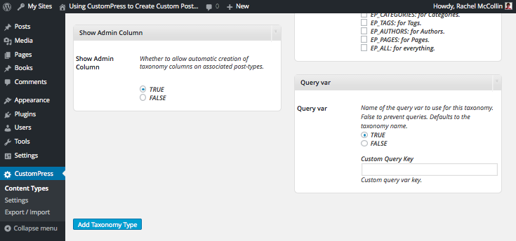 Adding a cusotm taxonomy - bottom of screen