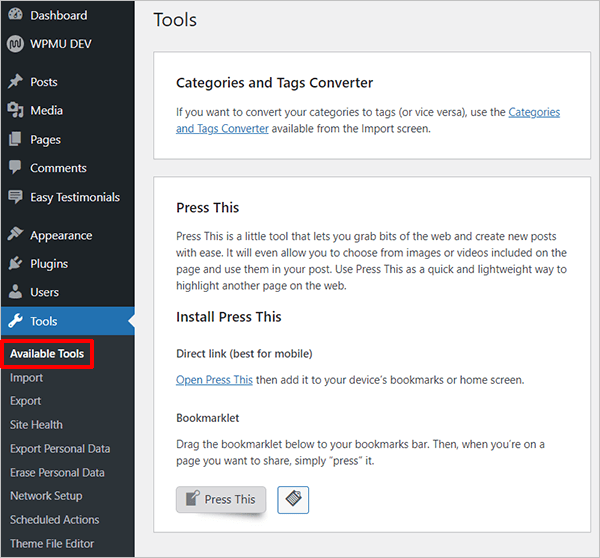 Tools > Available Tools - Press This