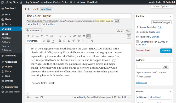 Book editing screen with shortcode added