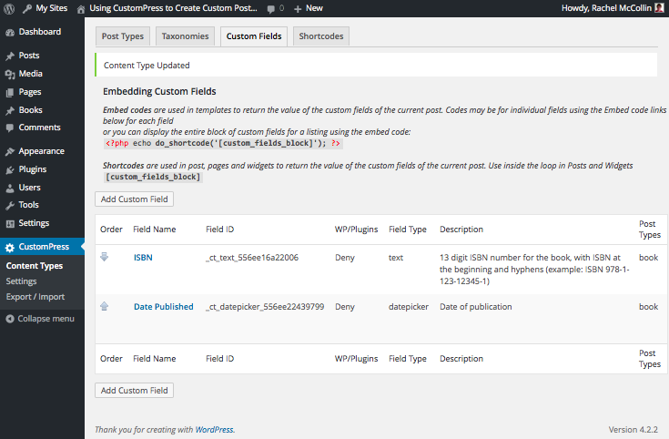 Custom Fileds listing screen with 2 custom fields added