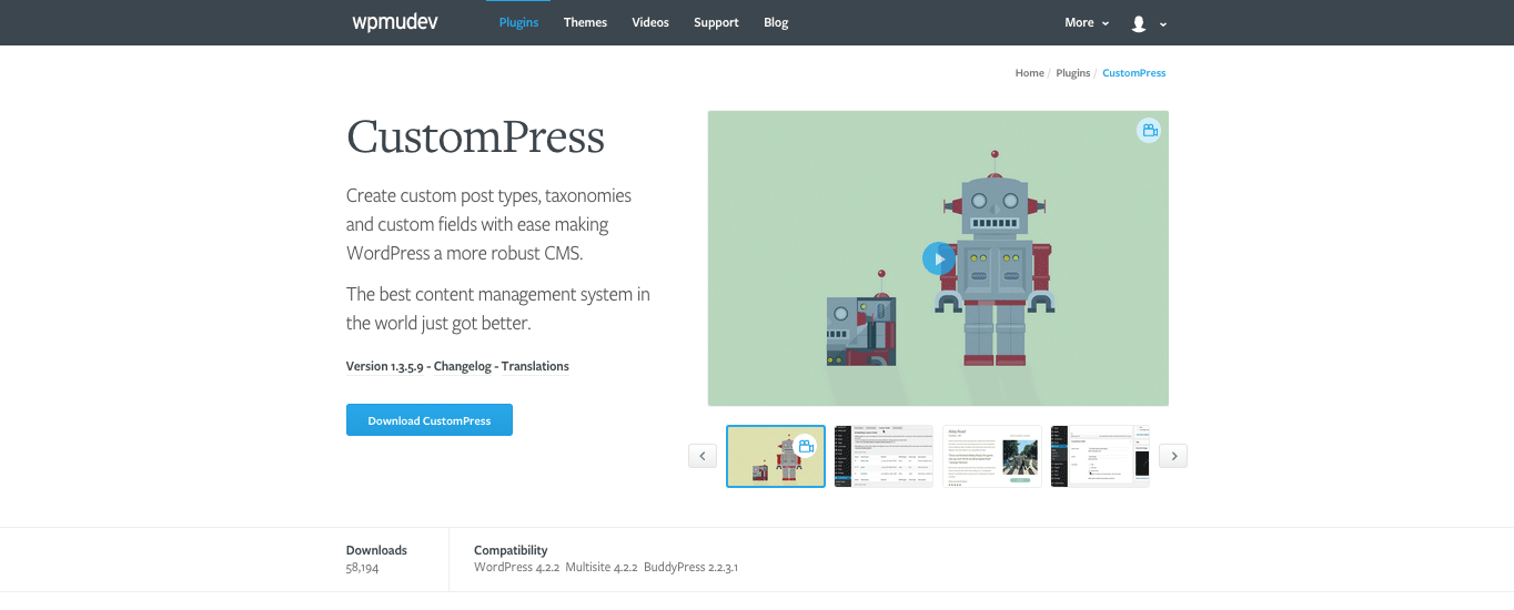 Create custom post types, taxonomies and custom fields with ease with CustomPress.