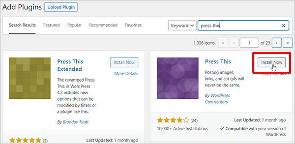 Plugins > Add New: Press This