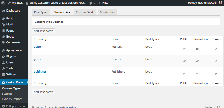 Taxonomies listing screen with taxonomies added
