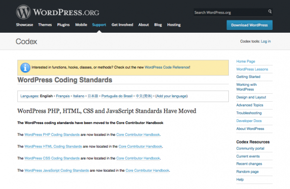 WordPress coding standards - Codex page
