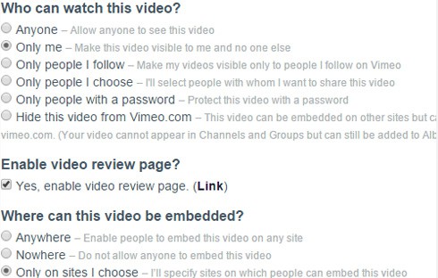 Some of the Vimeo settings