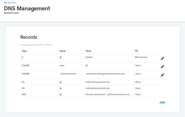 The DNS Management panel of GoDaddy Domain Registrar