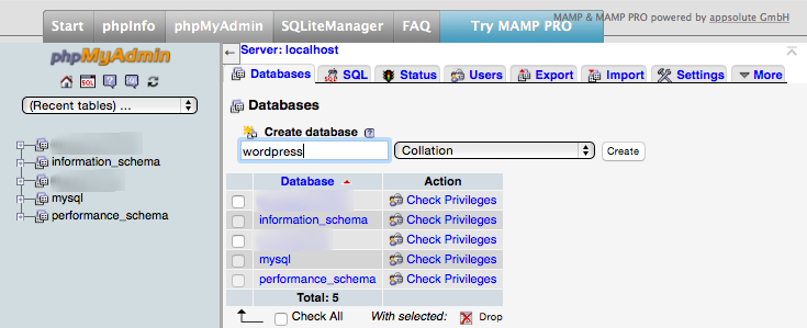phpMyAdmin databases screen - creating a new database