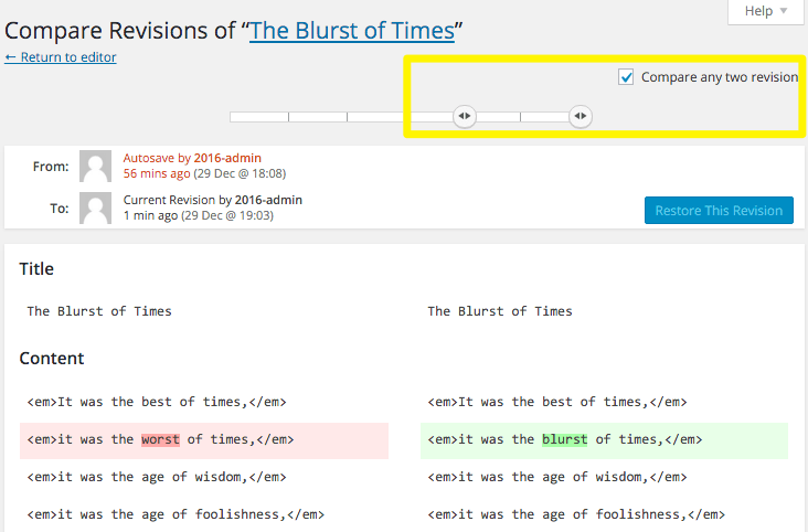 Comparing two revisions in WordPress.