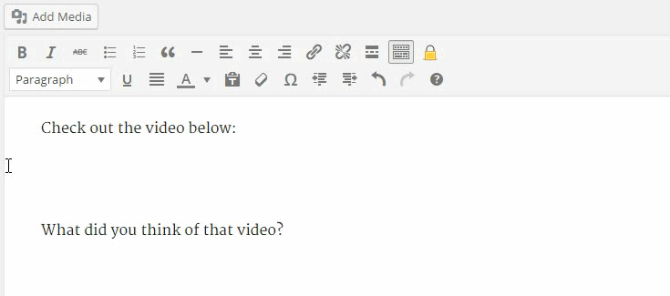 A URL is rendered in the visual editor as the video that is displayed after the post is published.