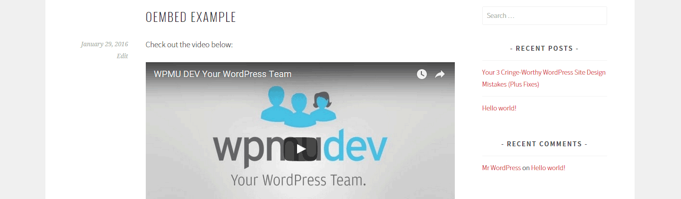 A video is displayed well in a post on the public-facing site.