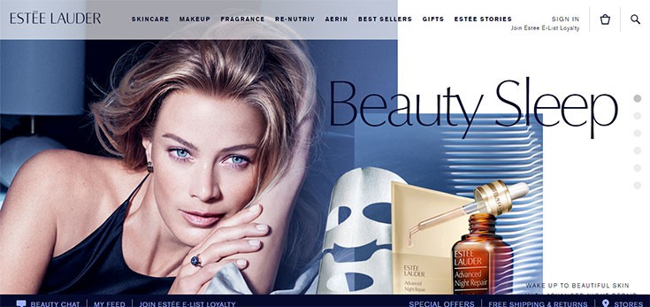 The Esteé Lauder website uses blue as a primary color