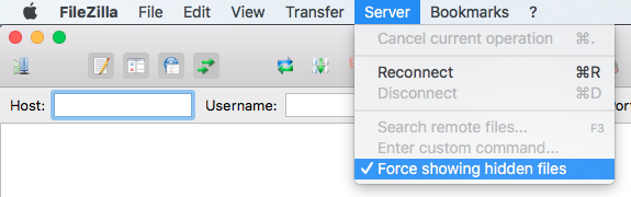 In FileZilla, you can force hidden files from to display from the Server menu.