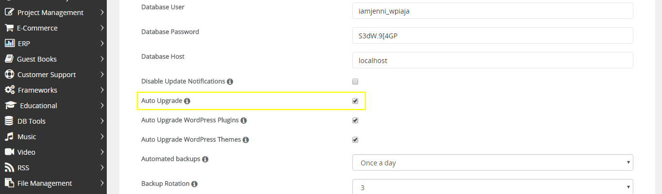 The "Auto Upgrade" checkbox is highlighted on the edit settings page for a WordPress site.