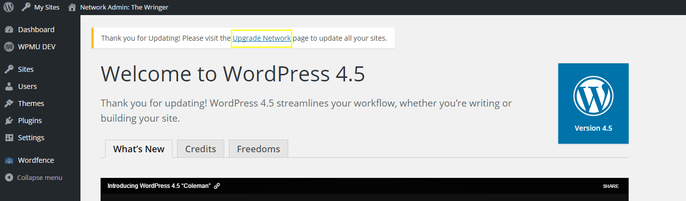 The "Upgrade Network" button is highlighted at the top on the dashboard page.