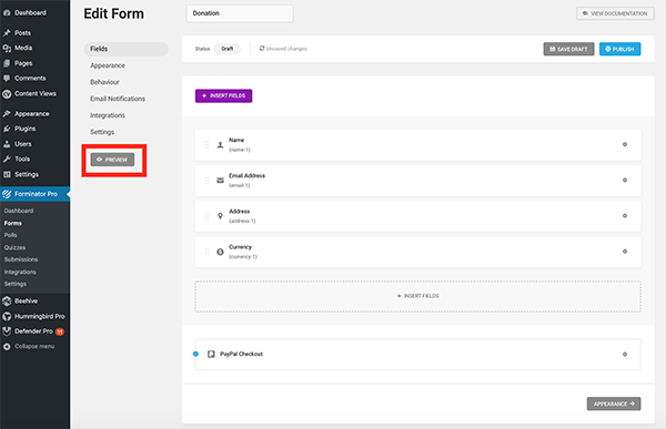Preview button for Forminator