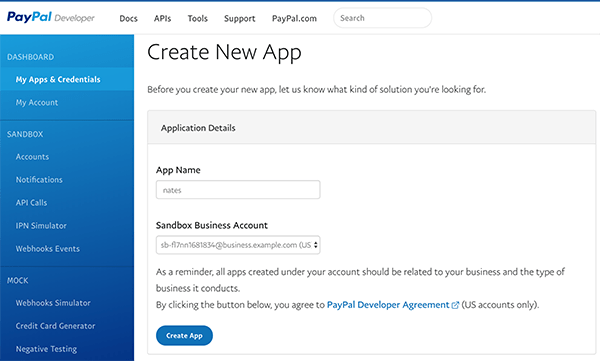 Create new app in PayPal.
