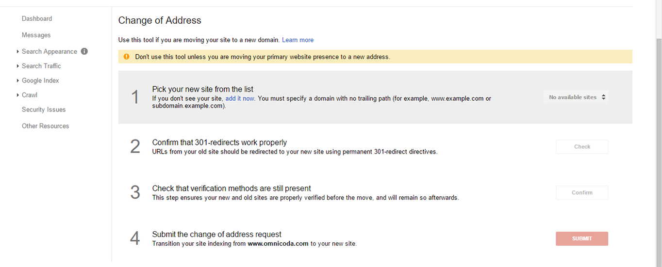 Google Search Console Change of Address.