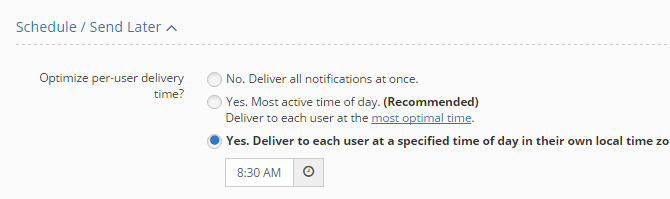 List of send-later options available in OneSignal.
