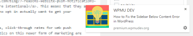 Web push notifications on the WPMU DEV Blog in action.