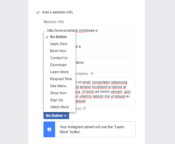 Facebook Ads call to action button selection