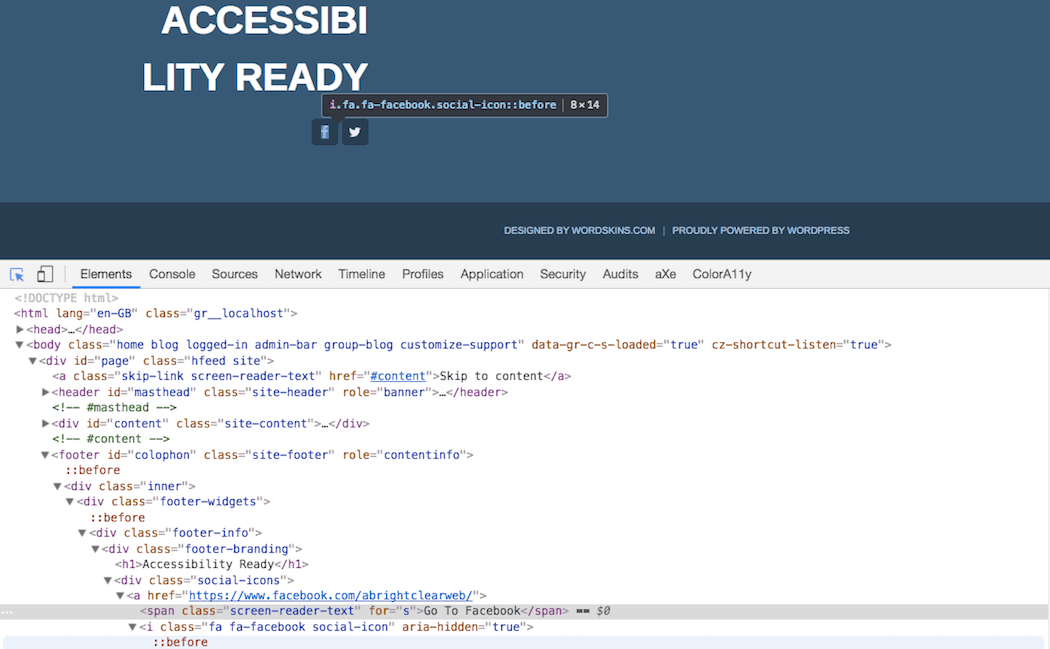 Splinter accessibility-ready theme shows screen reader text for Font Awesome icons.