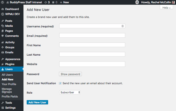 Adding a user in WordPress